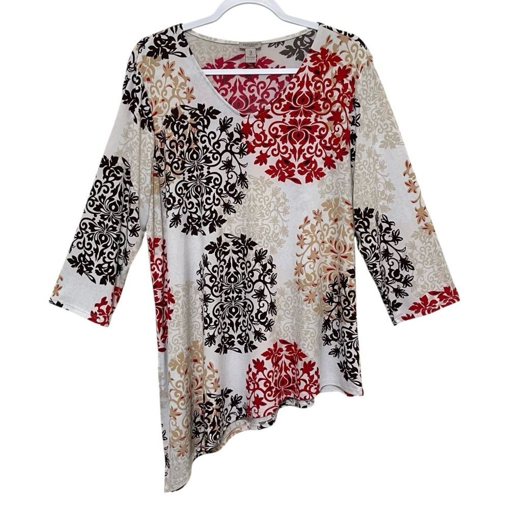 Easywear by Chicos 3 Paisley Floral Tunic Colorful Abstract V-Neck Slit Size XL